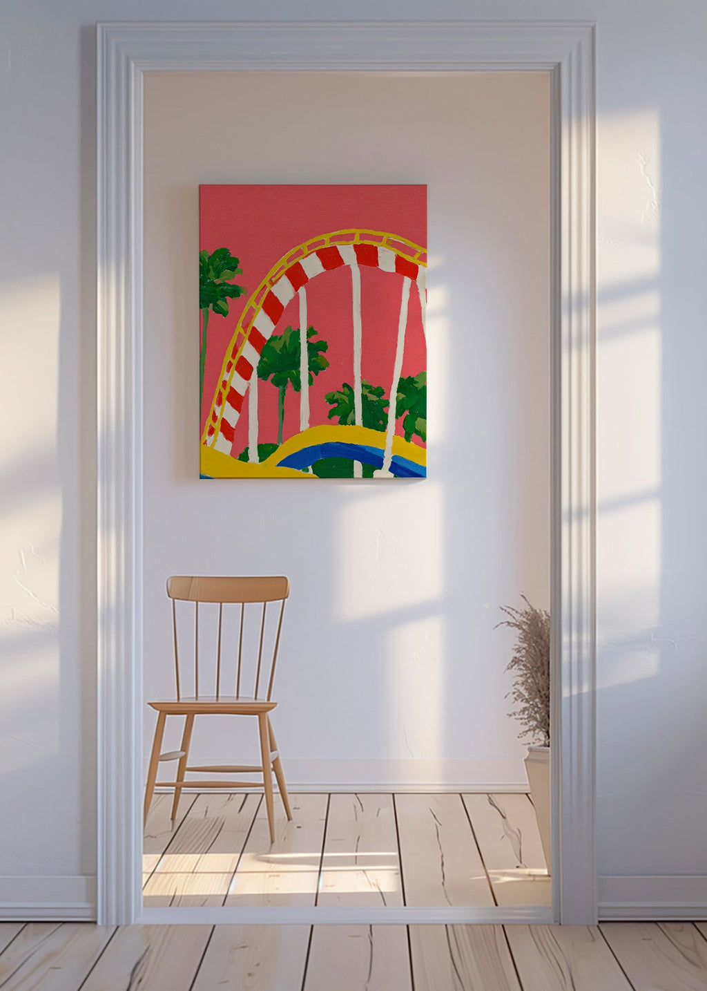 Botanisk print med palmer och färgglad båge