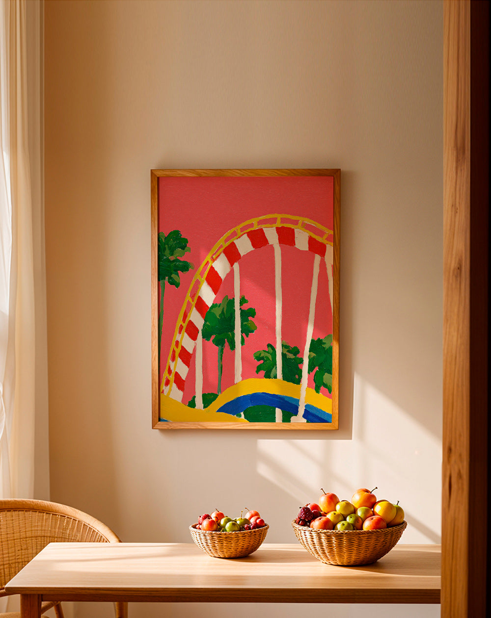 Botanisk print med palmer och färgglad båge