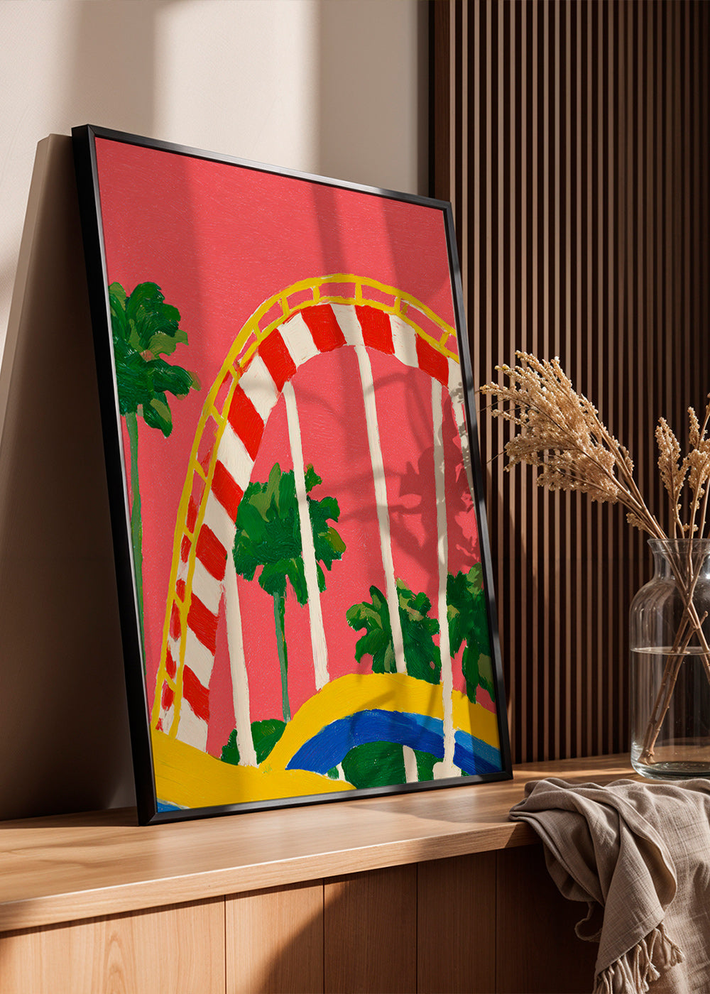 Botanisk print med palmer och färgglad båge