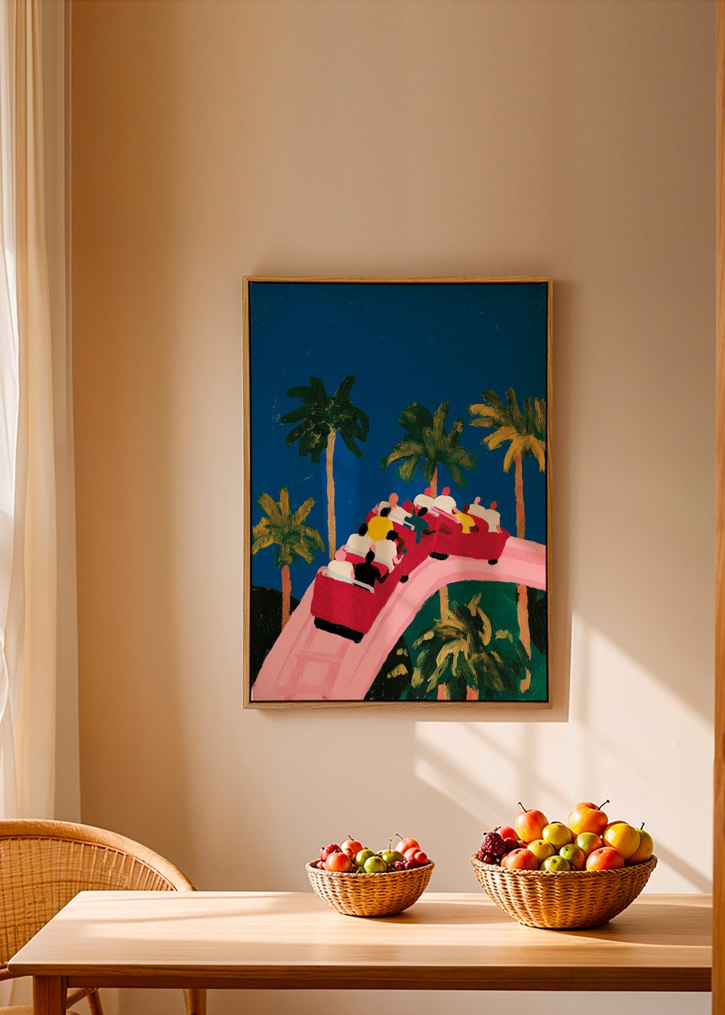 Botanisk poster med palmer och rosa berg-och-dalbana