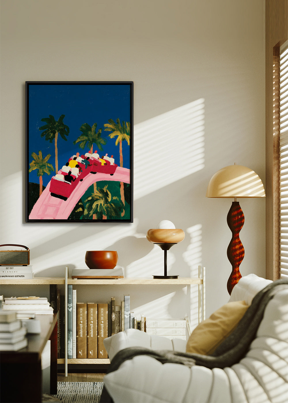 Botanisk poster med palmer och rosa berg-och-dalbana