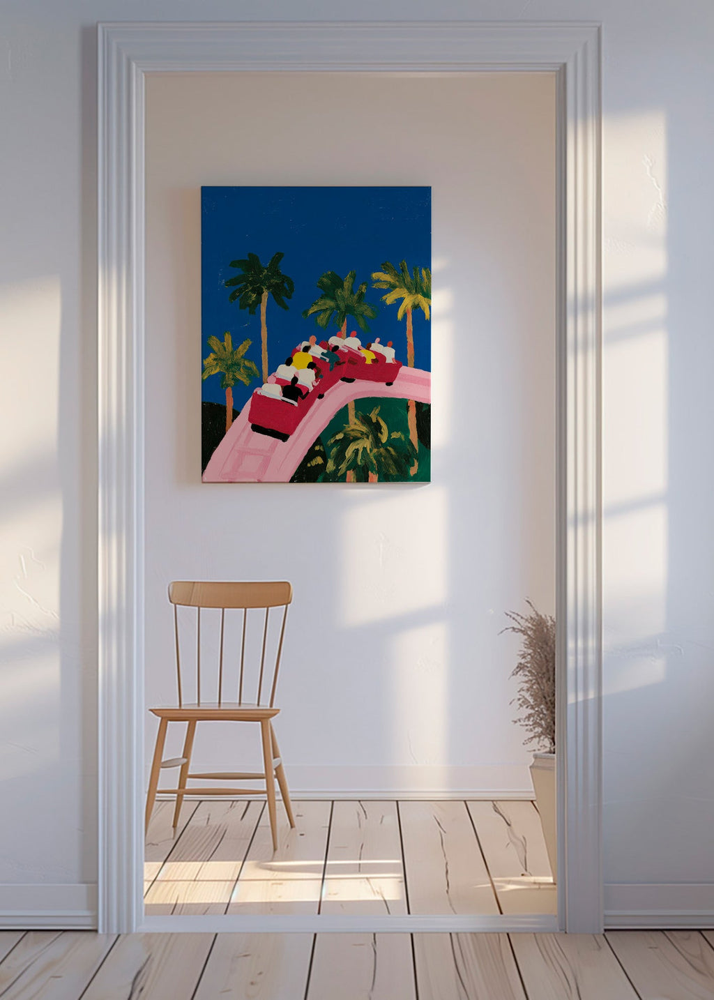 Botanisk poster med palmer och rosa berg-och-dalbana
