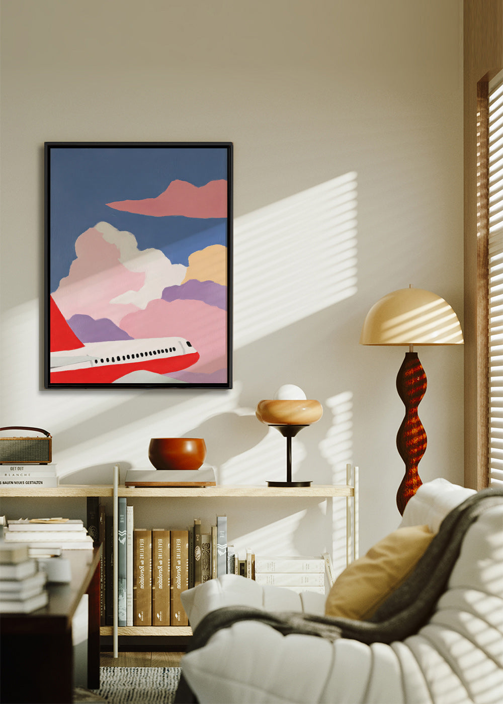 Illustration av flygplan över rosa moln