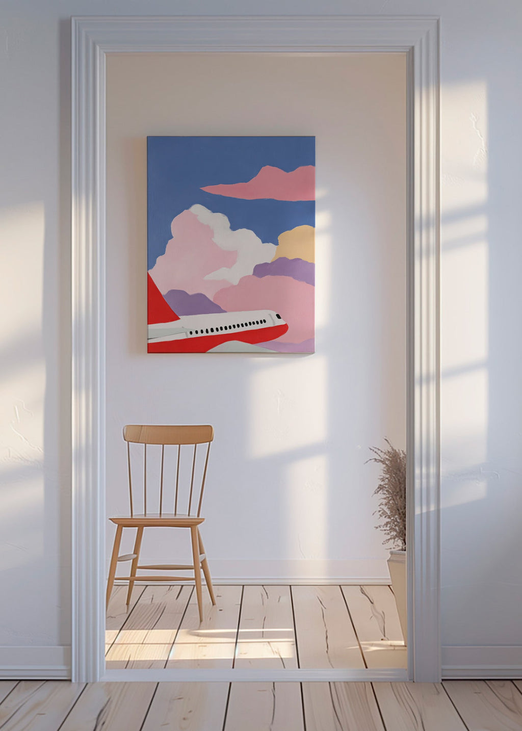 Illustration av flygplan över rosa moln