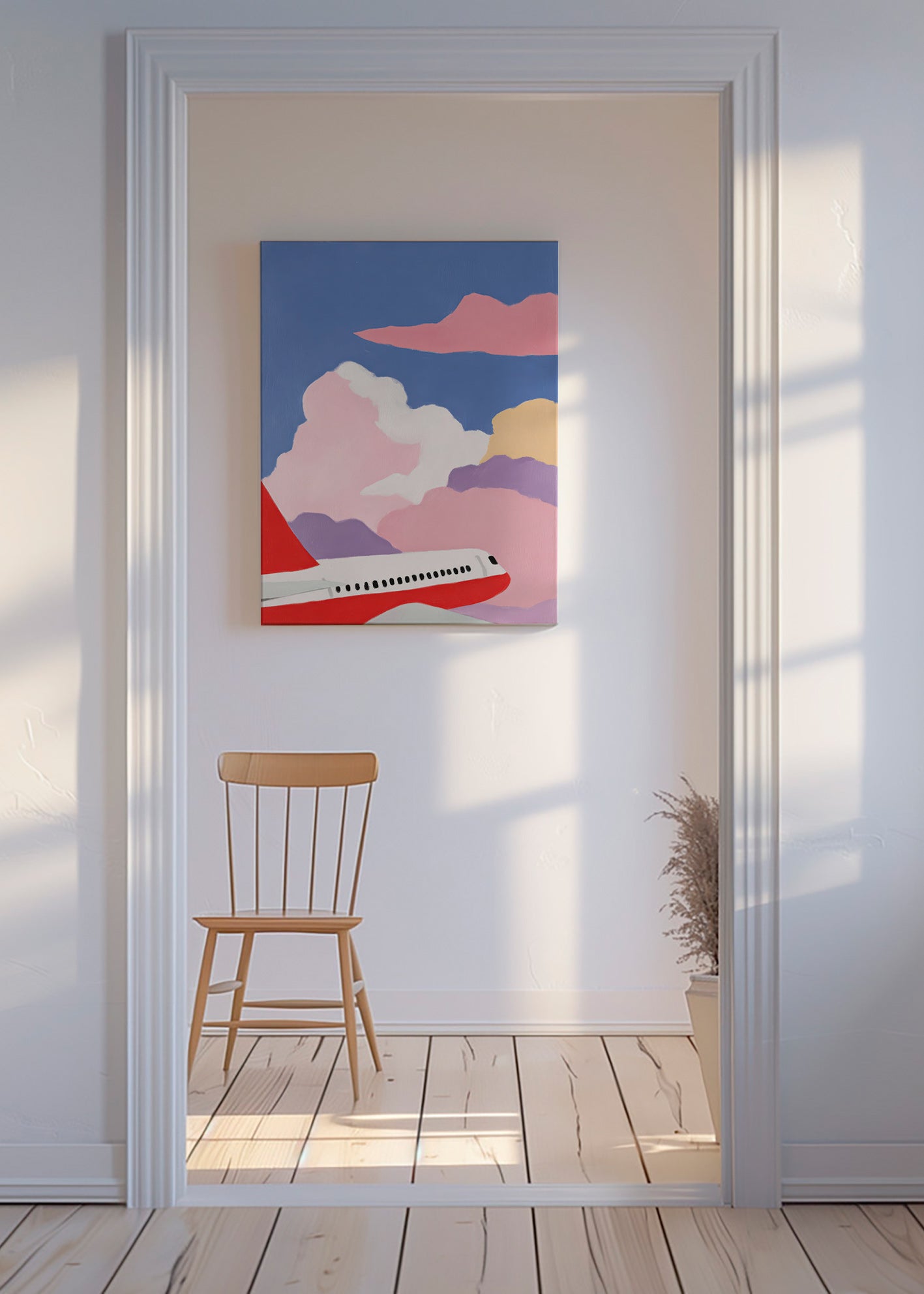 Illustration av flygplan över rosa moln