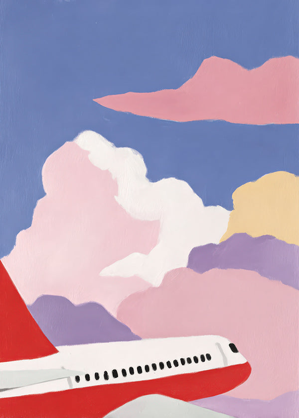 Illustration av flygplan över rosa moln