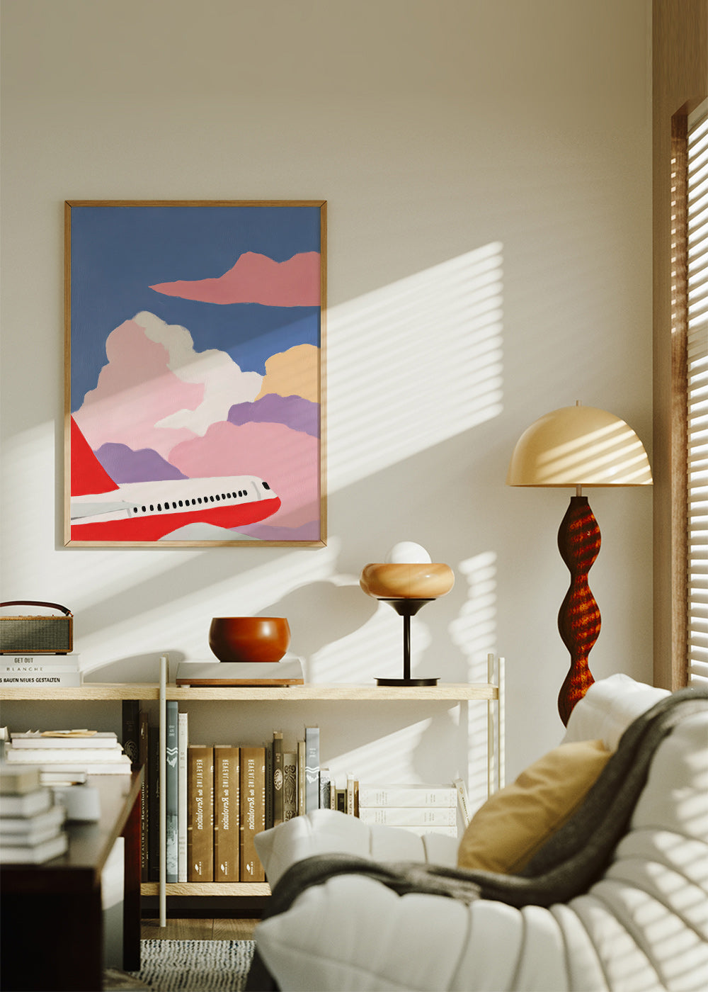 Illustration av flygplan över rosa moln