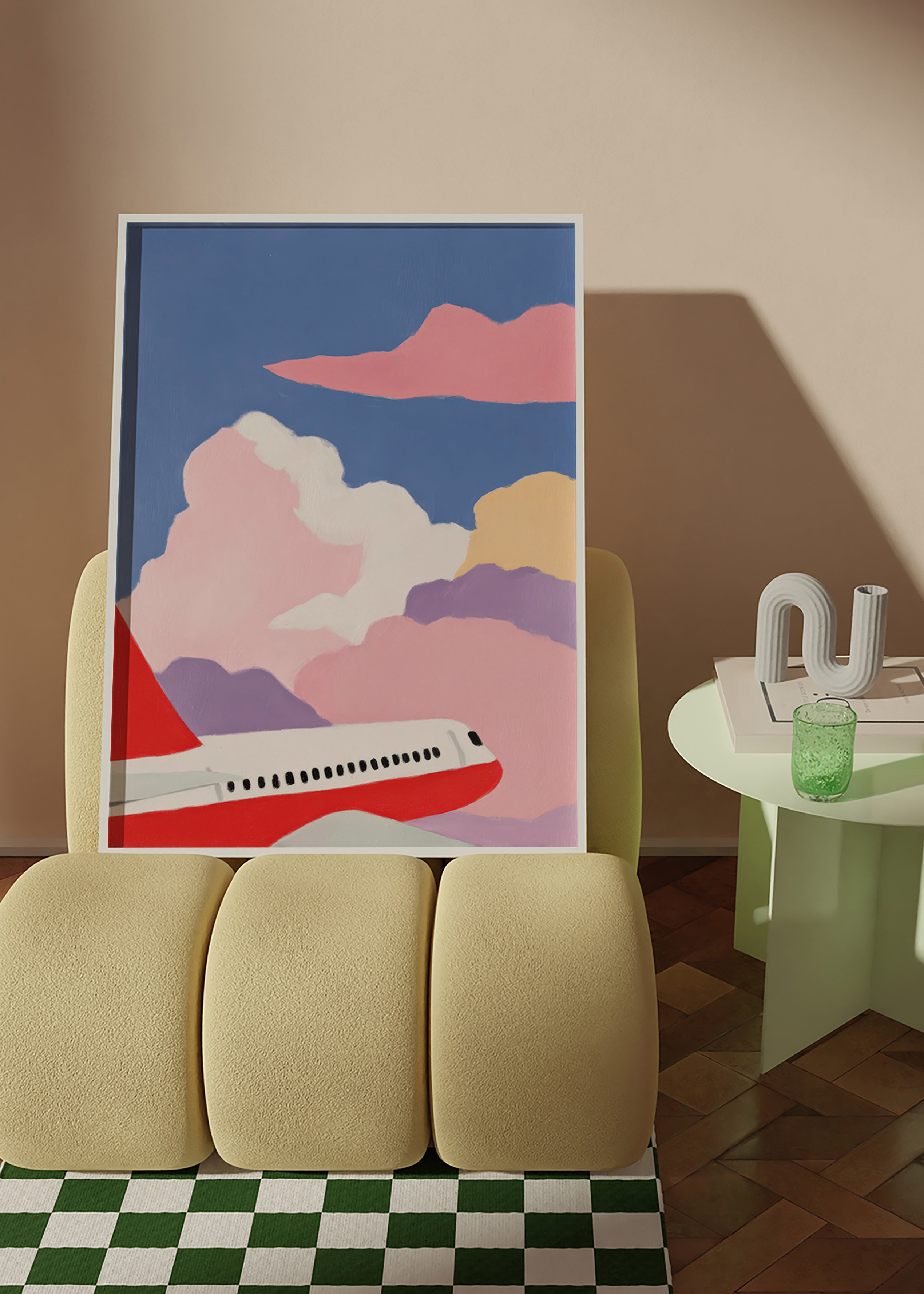 Illustration av flygplan över rosa moln