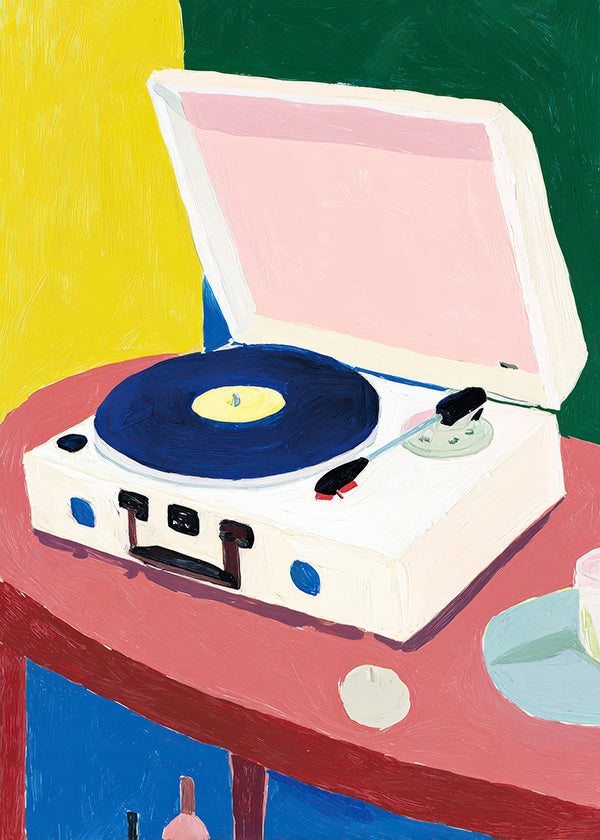 Illustration: vintage skivspelare på bord