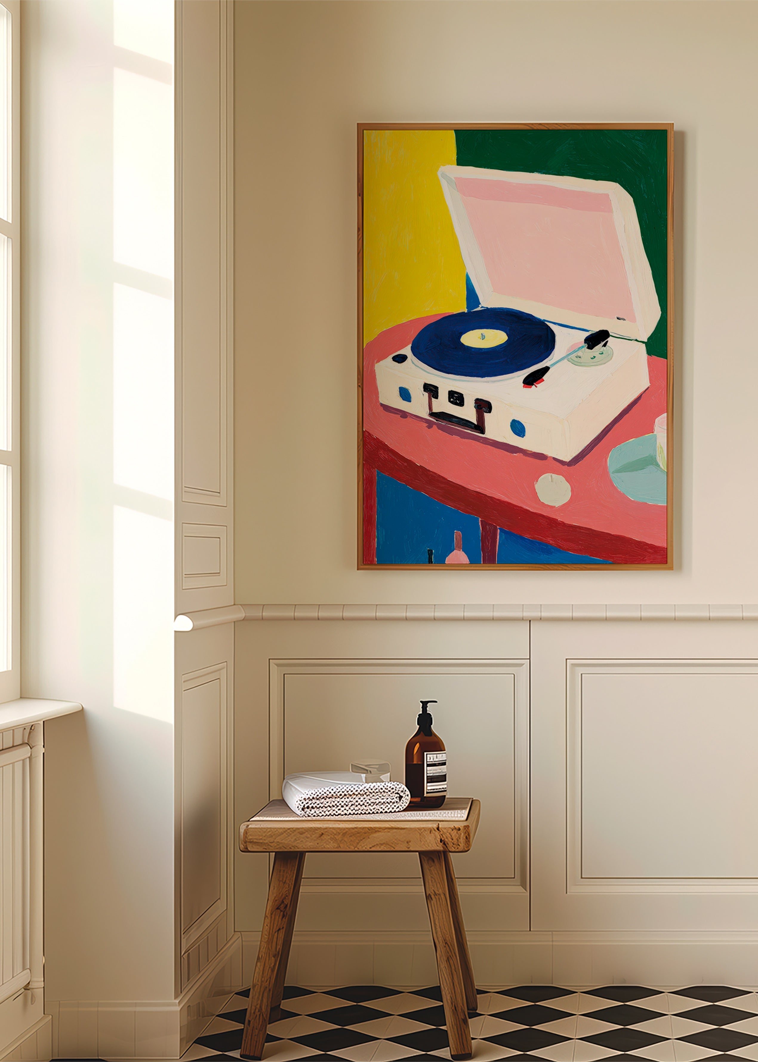 Illustration: vintage skivspelare på bord