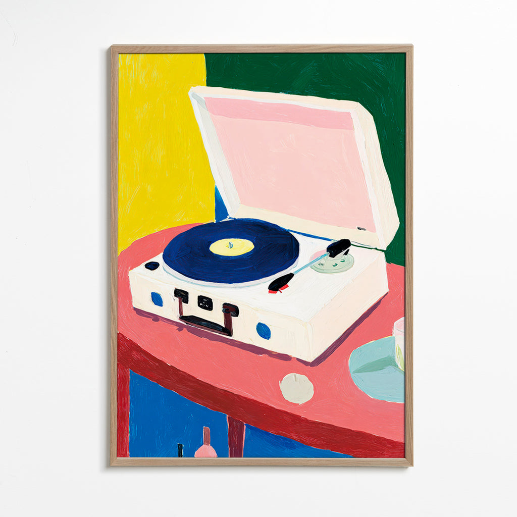 Illustration: vintage skivspelare på bord