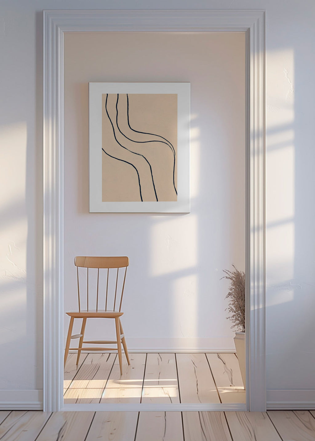 Minimalistisk tavla med flytande linjer på beige