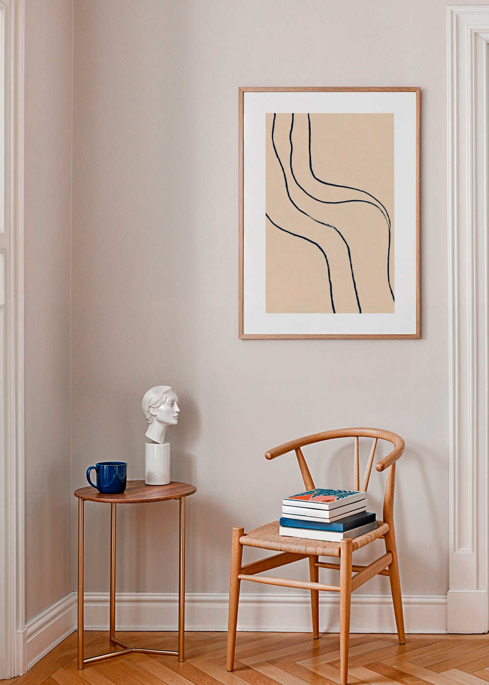 Minimalistisk tavla med flytande linjer på beige