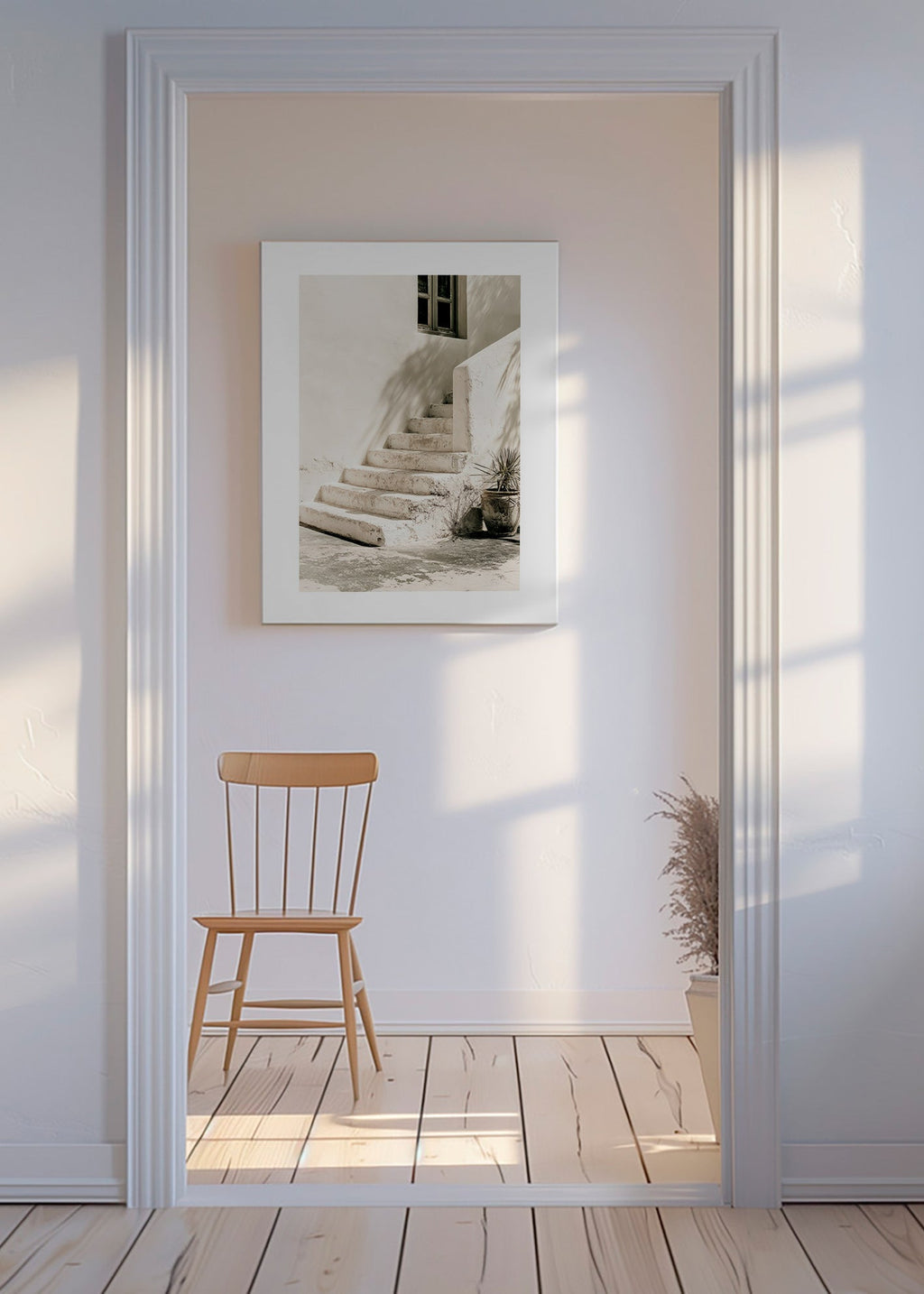 Photograph vita trappsteg med växt