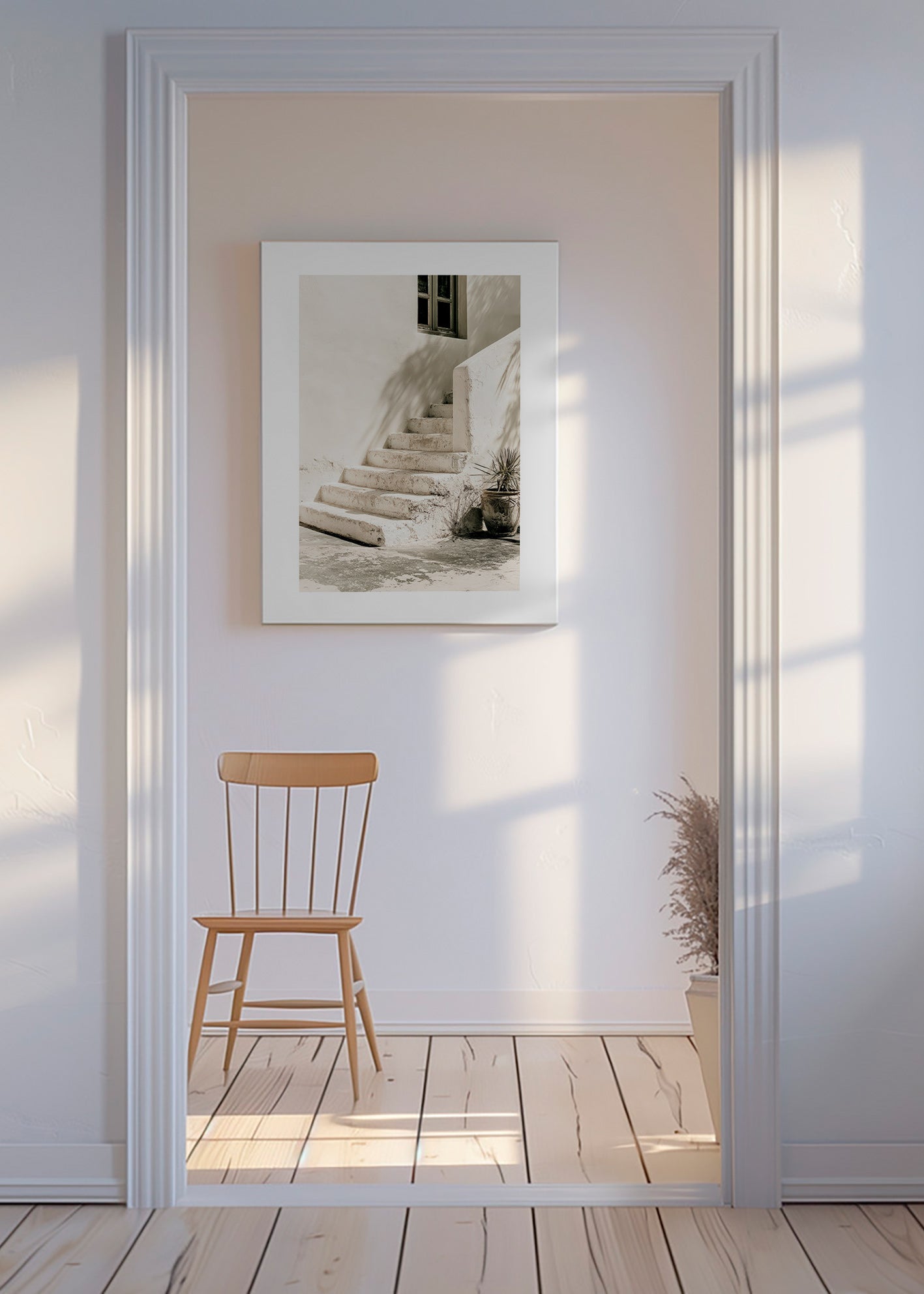 Photograph vita trappsteg med växt