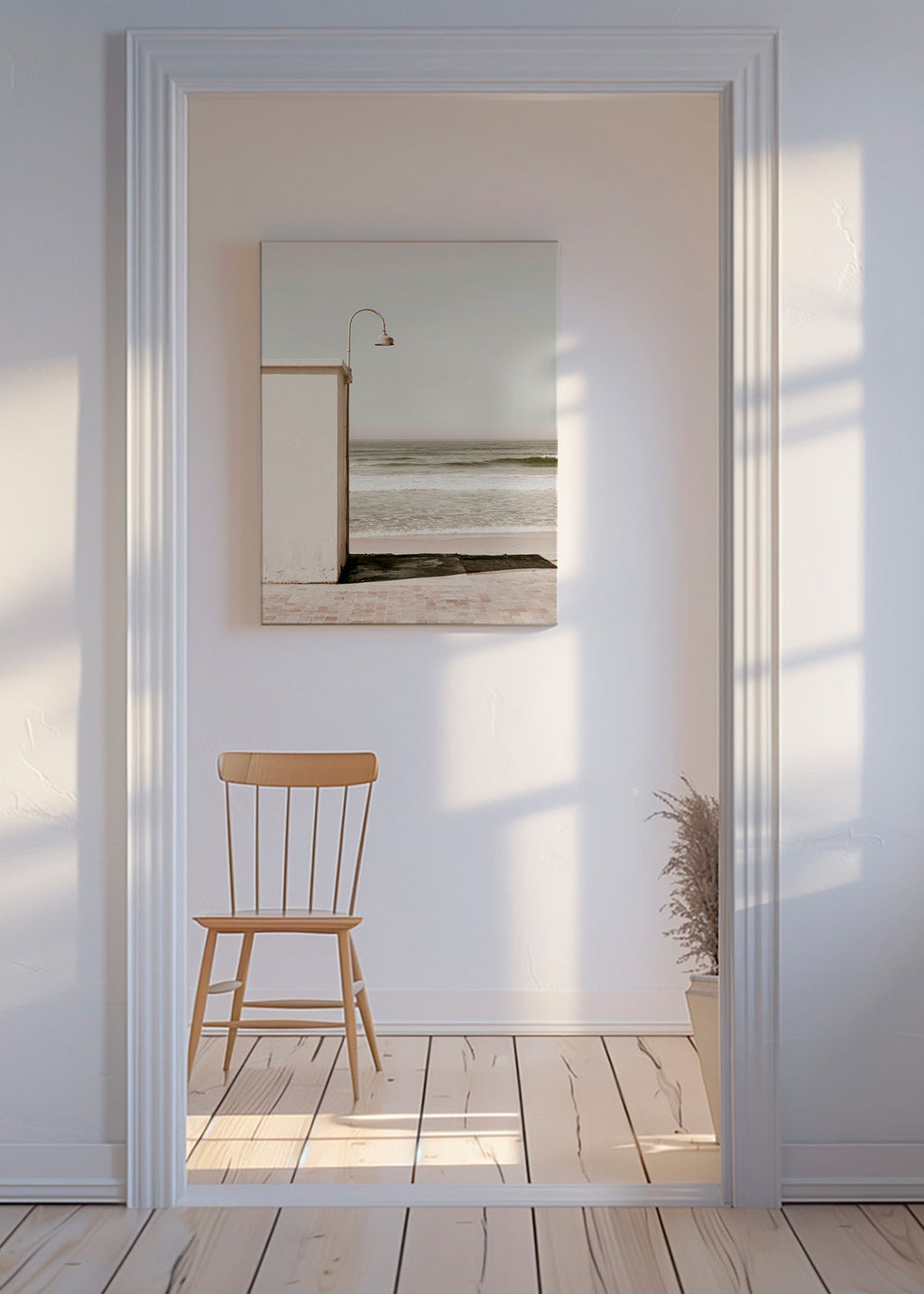 Landskapskonst strand med vägglampa