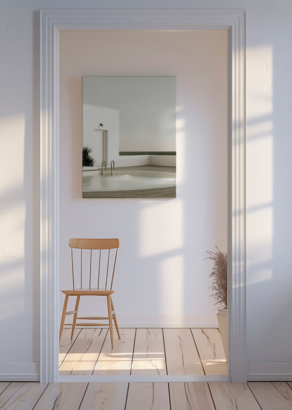 Fotografi av minimalistisk pool och vit arkitektur