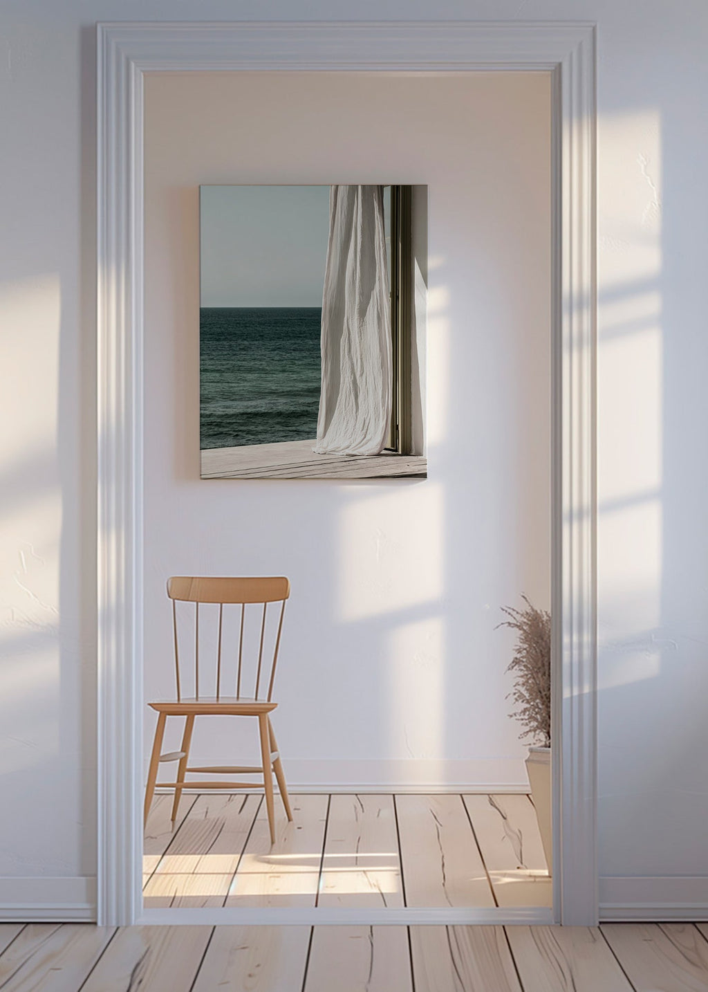 Landskapskonst med gardin vid havet