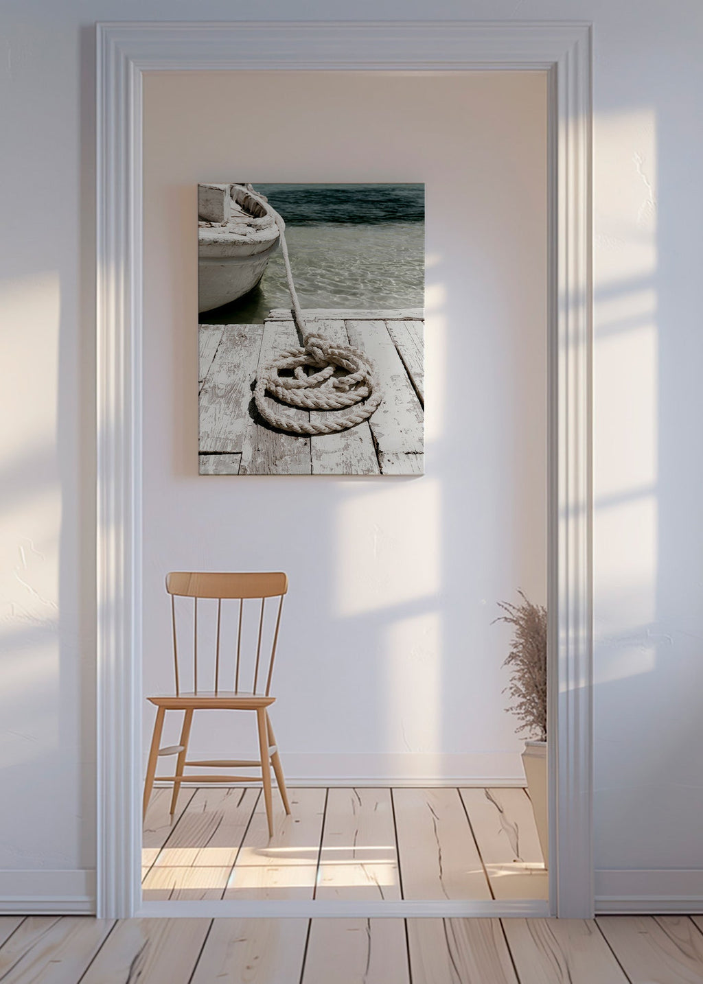 Fotografi av brygga med rep i förgrunden