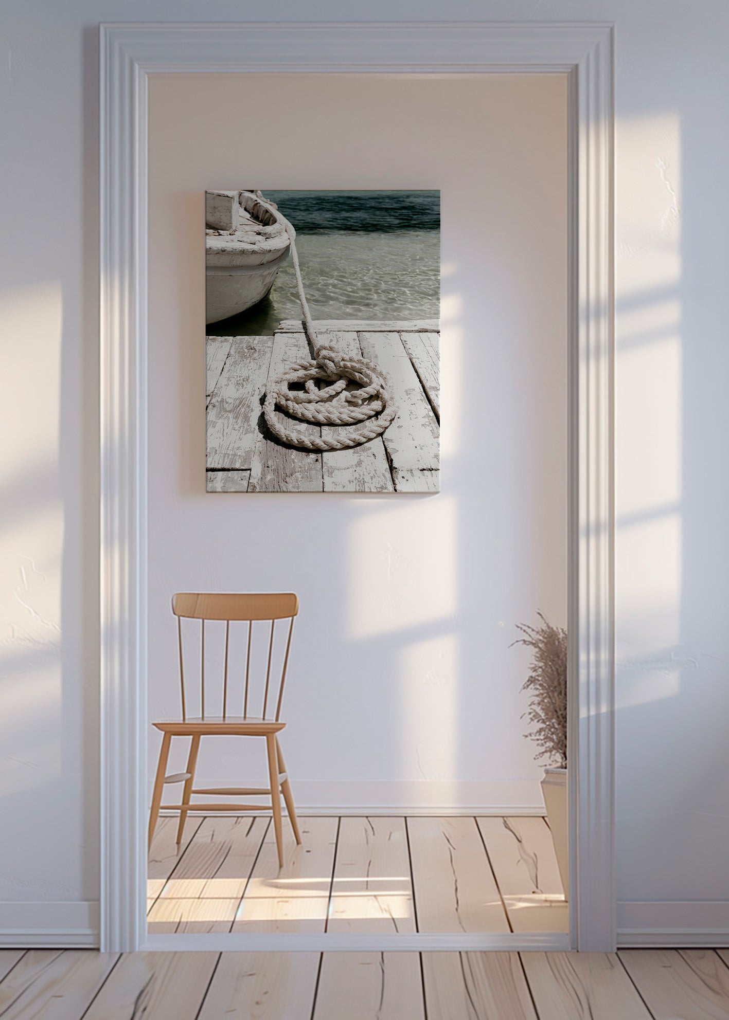 Fotografi av brygga med rep i förgrunden