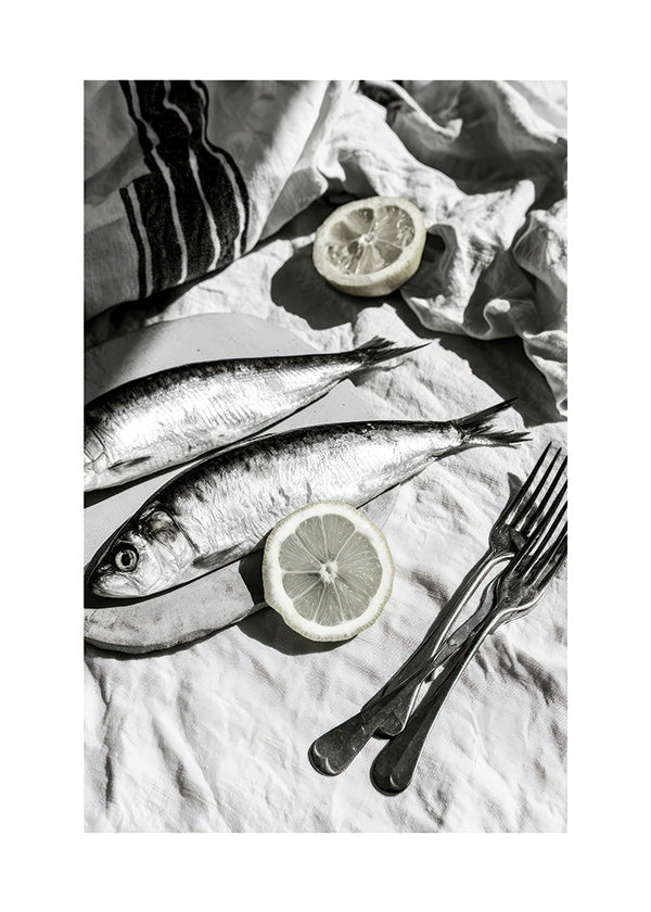 Kökskonst: sardiner och citron i svartvitt