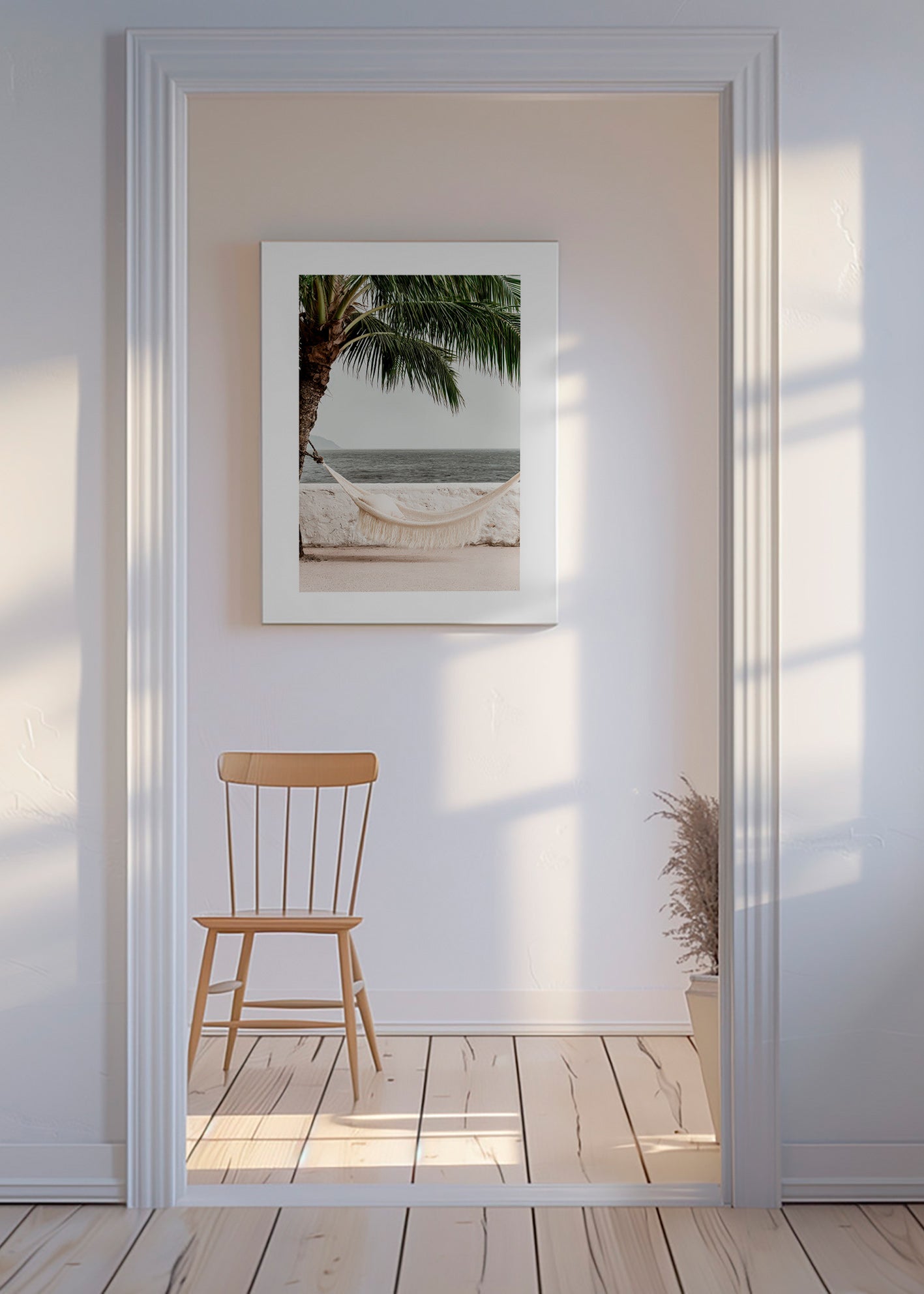 Landskapskonst med hammock och palm