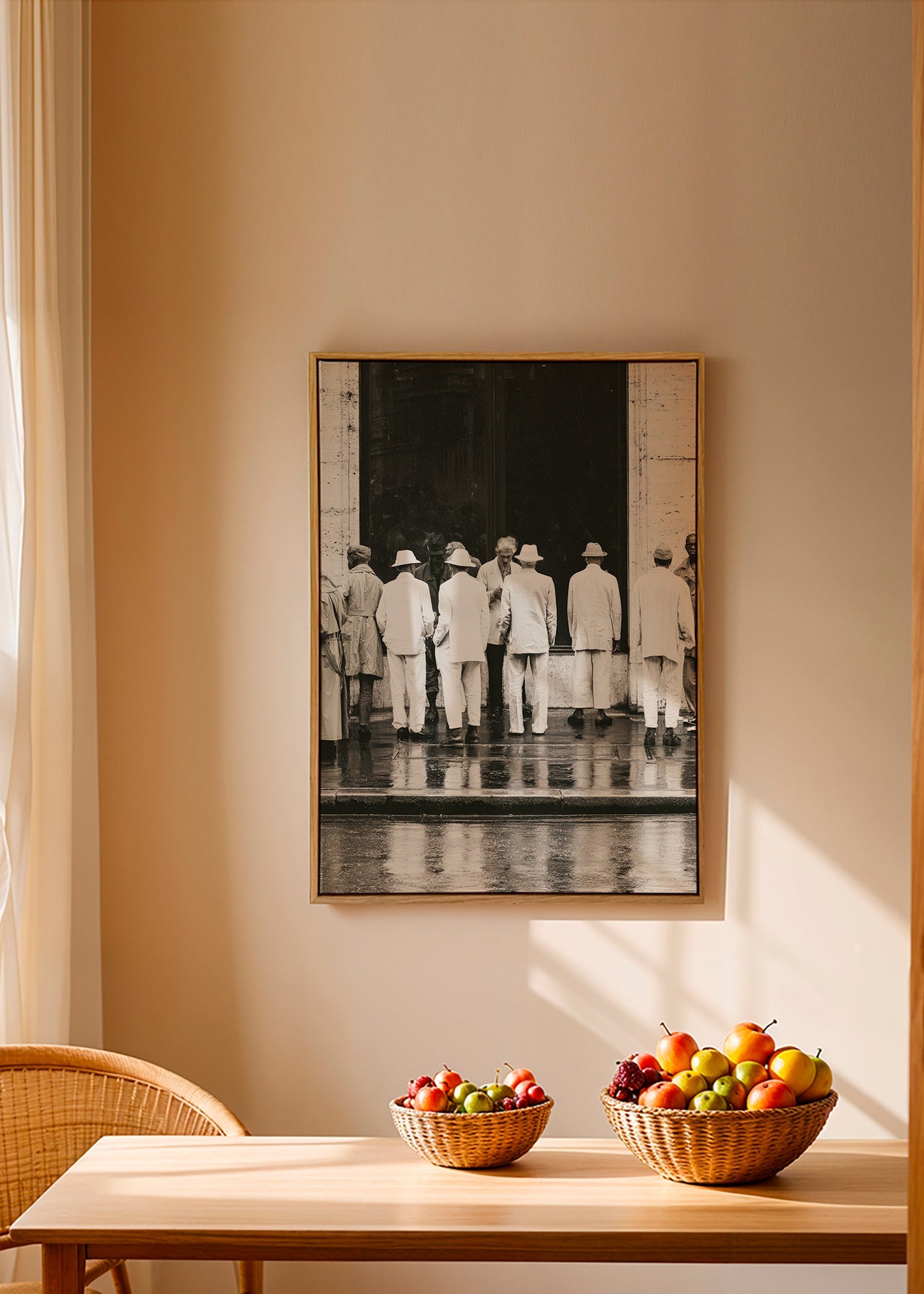 Svartvit fotografi av män bakifrån i regnet
