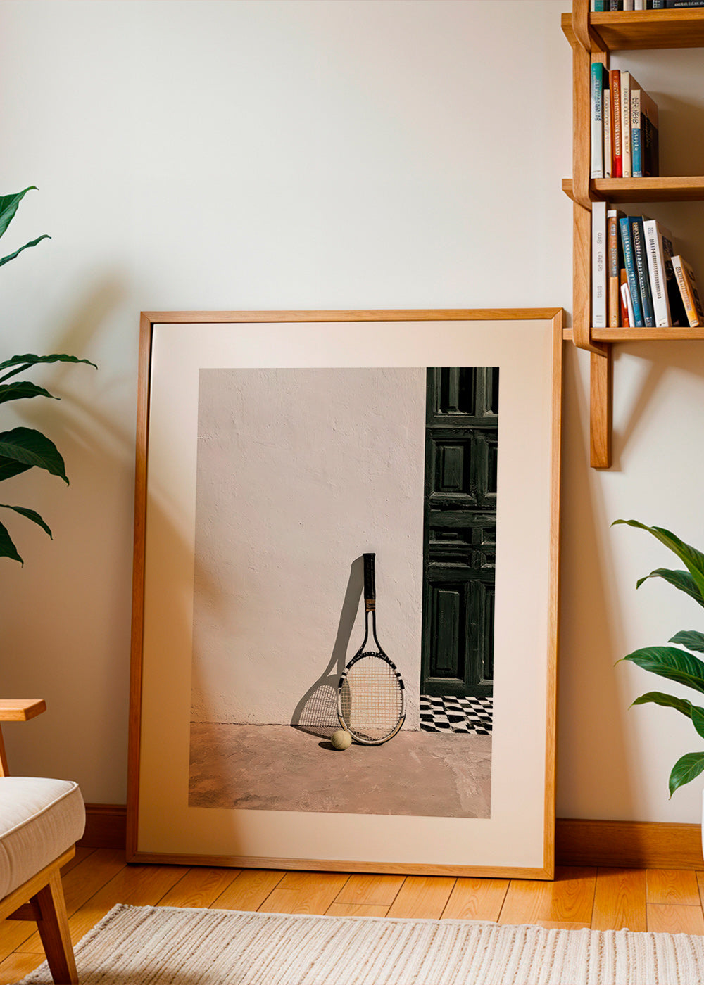 Sportkonst med tennisracket och boll