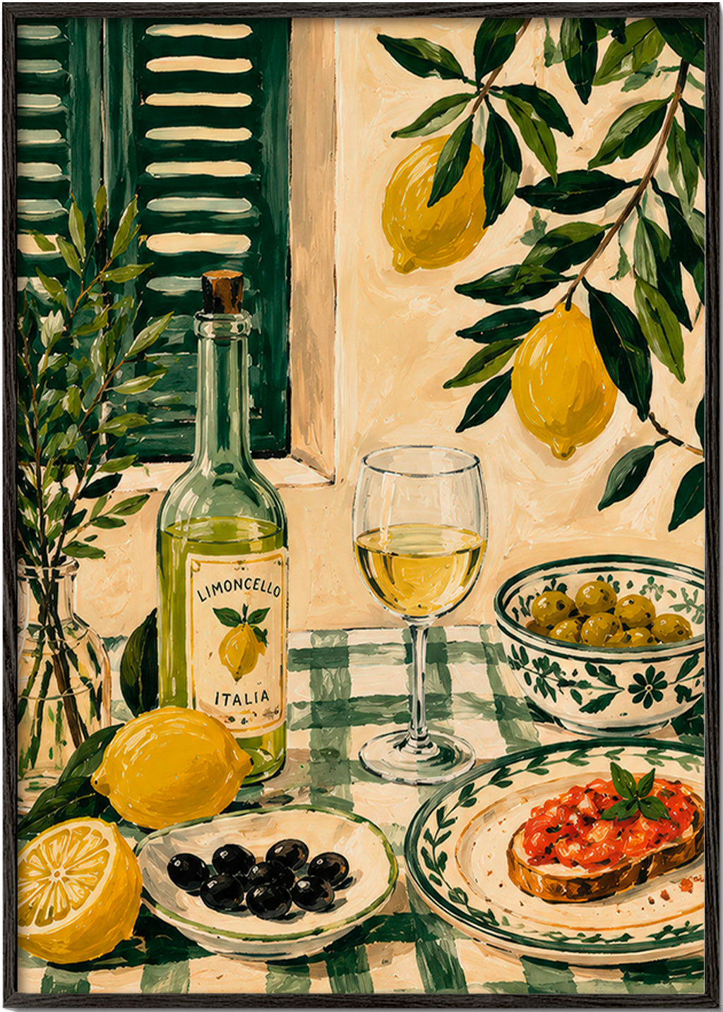 Kökskonst: stilleben med citroner och limoncello