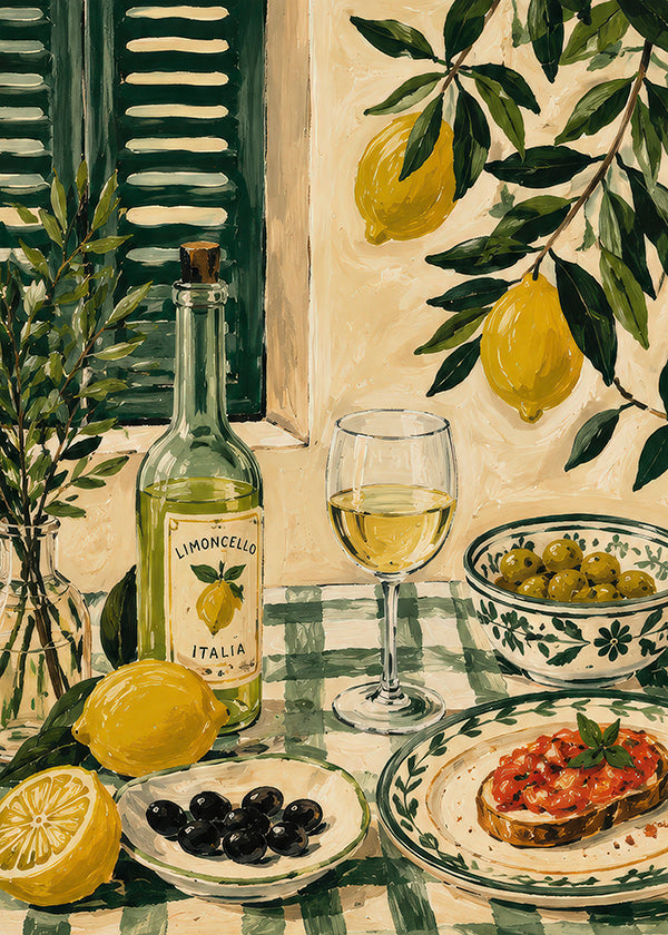 Kökskonst: stilleben med citroner och limoncello