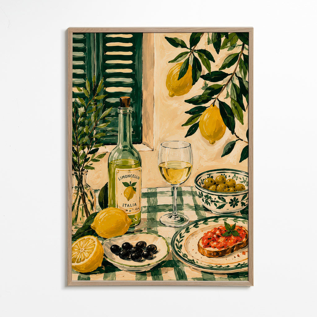 Kökskonst: stilleben med citroner och limoncello
