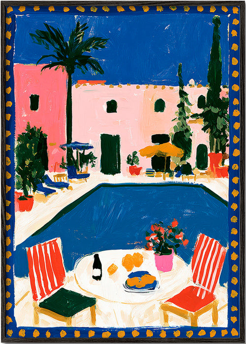 Reseaffisch: rosa villa med pool