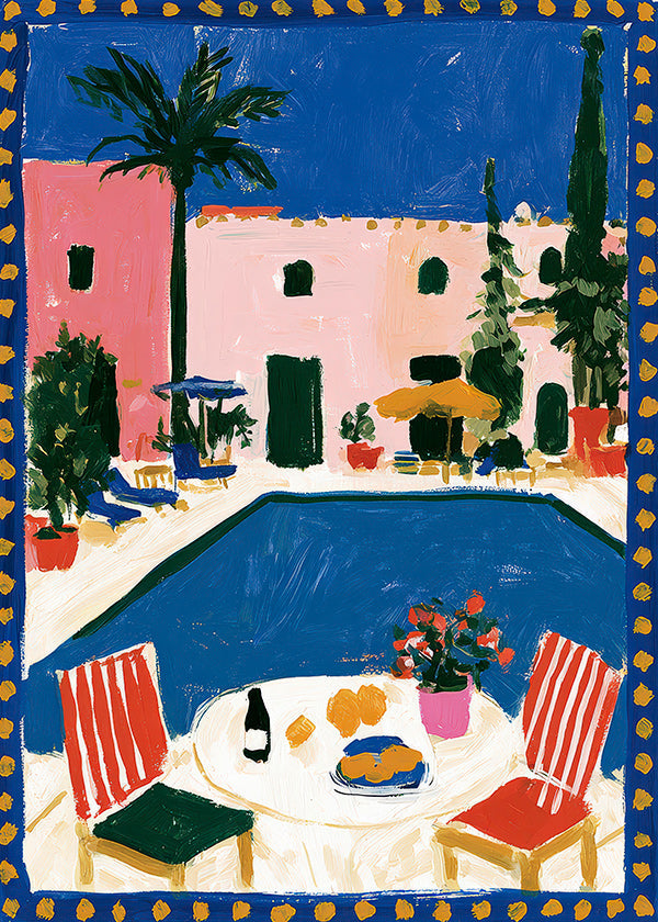 Reseaffisch: rosa villa med pool