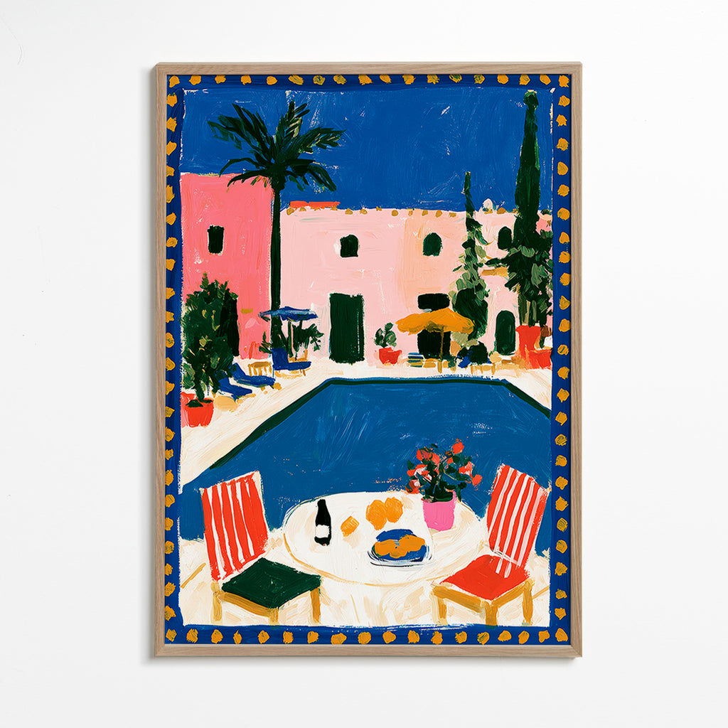 Reseaffisch: rosa villa med pool