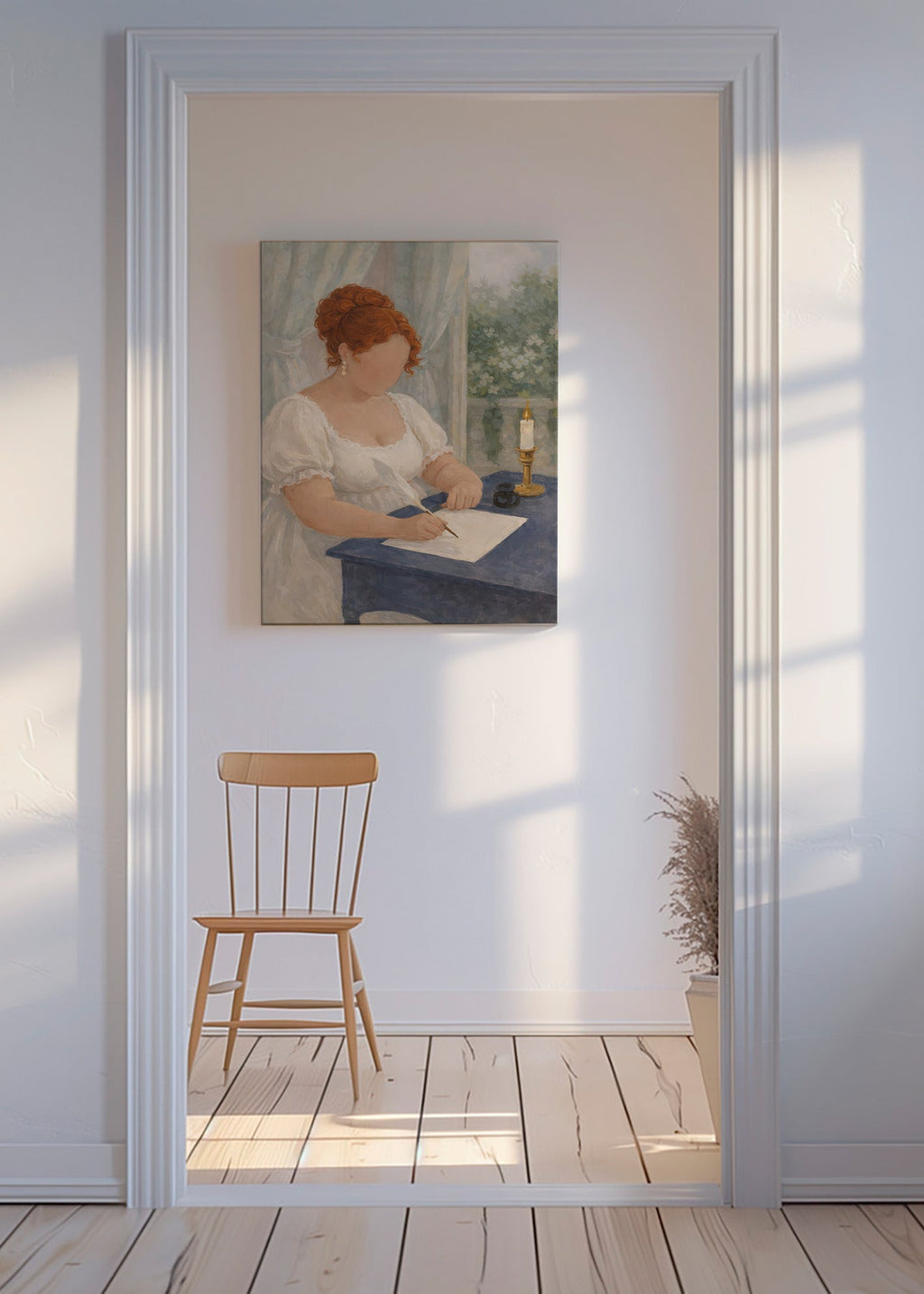 Illustration av dam som skriver vid ljus